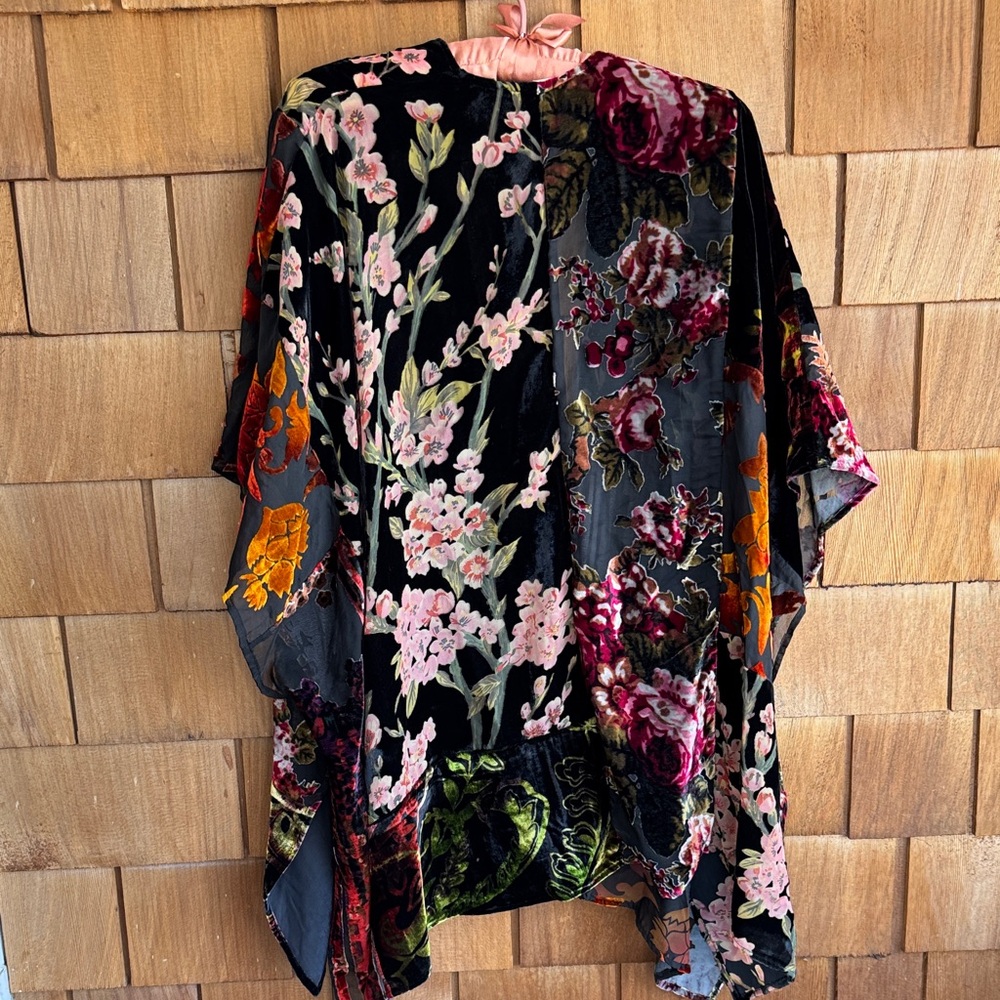 Floreat Black Floral Velvet Kimono Jacket with Pink & Red Accents - Picture 5 of 6